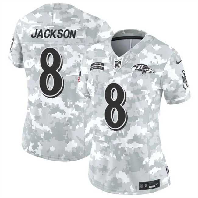 Women%27s Baltimore Ravens #8 Lamar Jackson 2024 F.U.S.E Arctic Camo Salute To Service Limited Stitched Jersey Dzhi